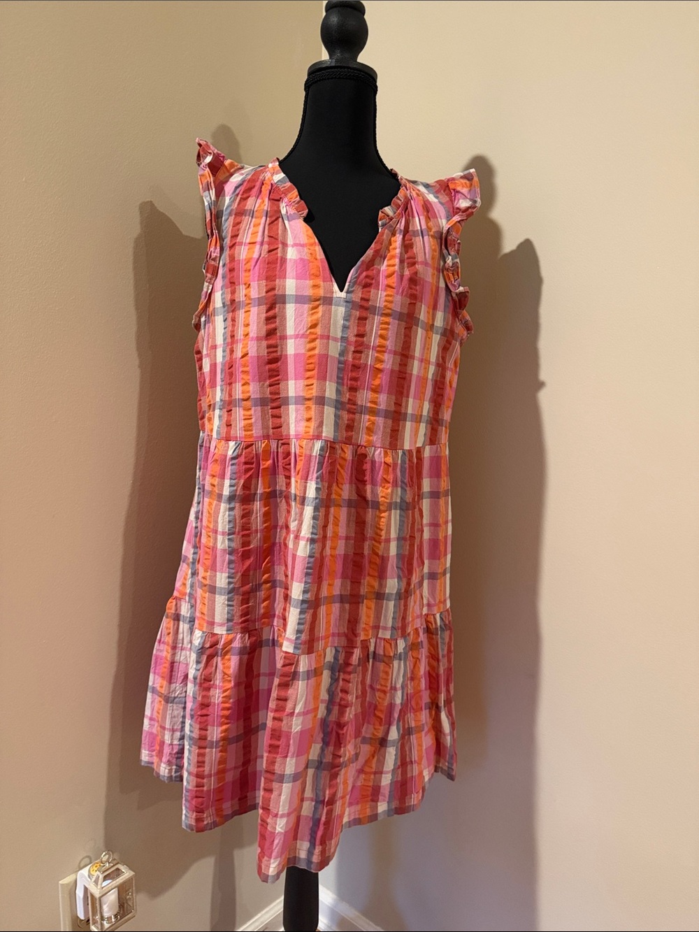 LOFT Pink & Orange Plaid Ruffle Mini Dress